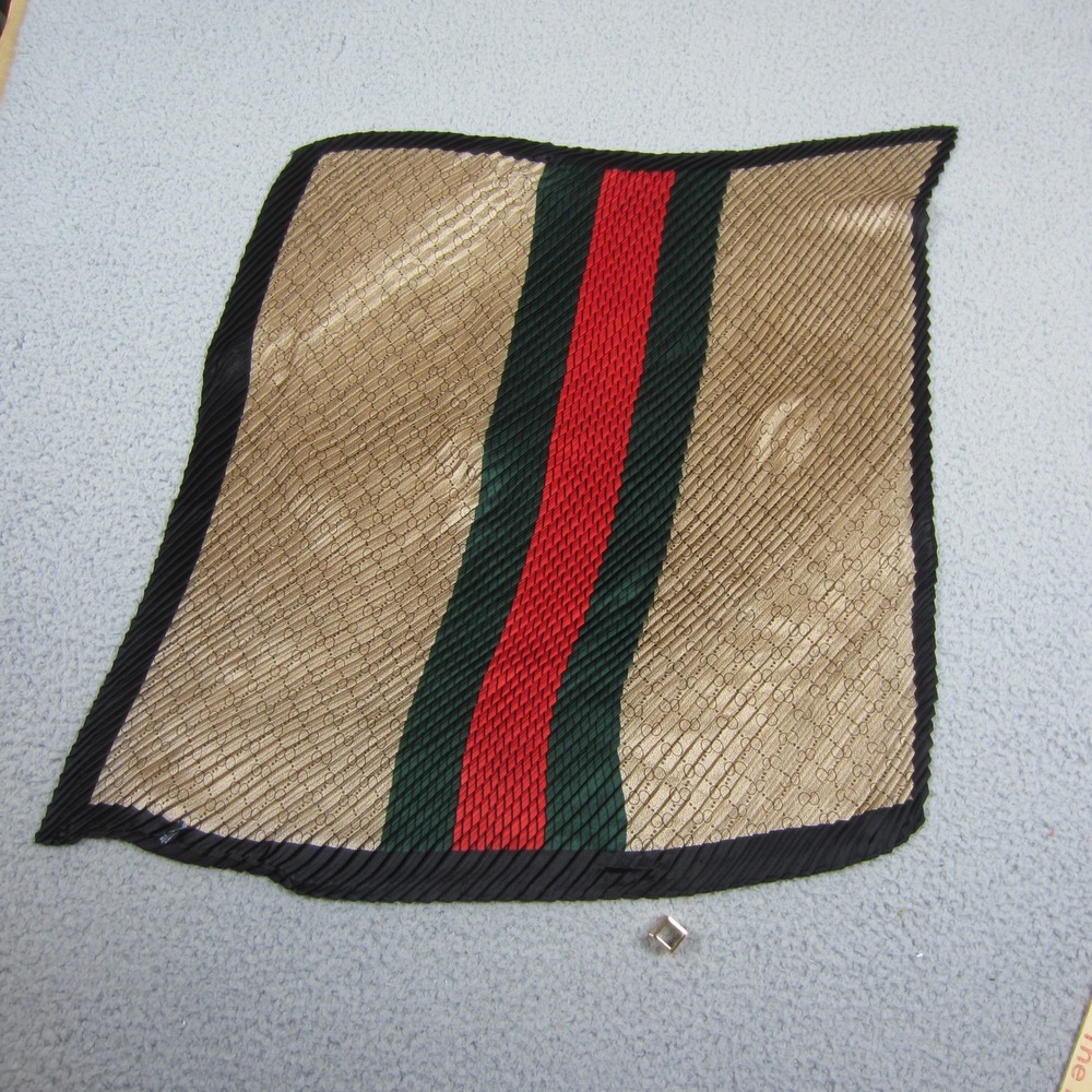 Womens Scrarf Silky Square Tan Monogram Pleated Green Red Stripe Gold Slide